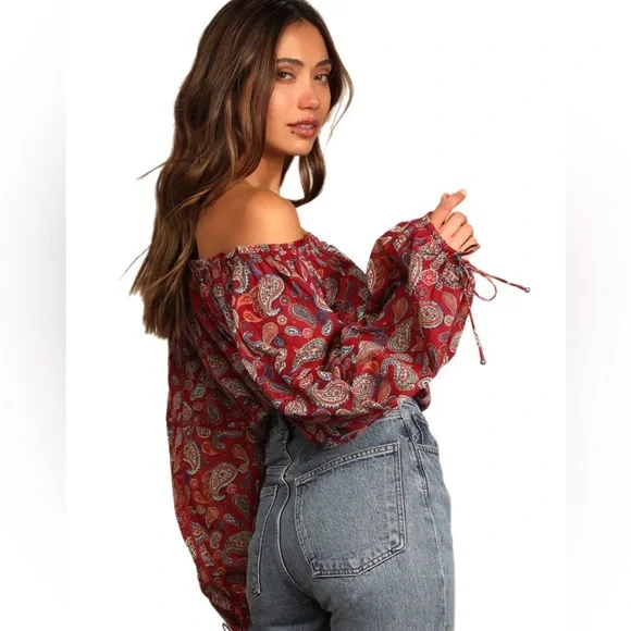 Free People Red Paisley Sundown Off the Shoulder Bodysuit - Picture 3 of 8